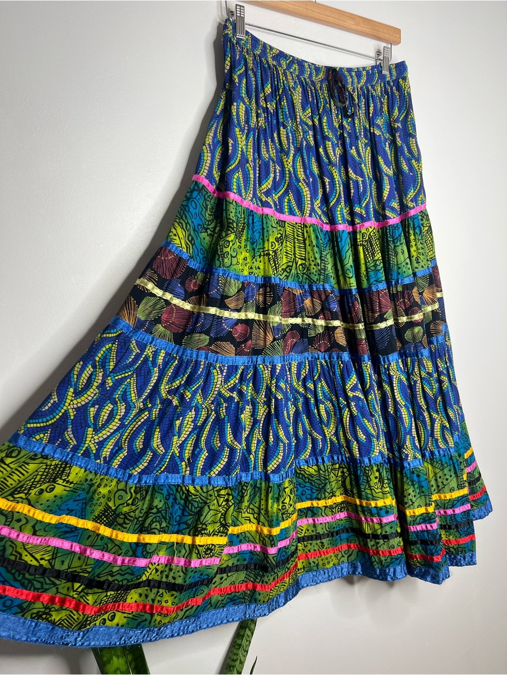 Boho Beaded Waist Tie Long Maxi Skirt Rayon Cottagecore Prairie Festival Size M